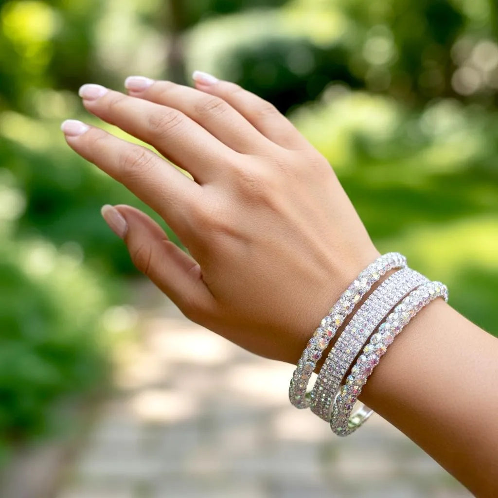 Funky Silver Plated Crystal Kara Bangles 6Pcs