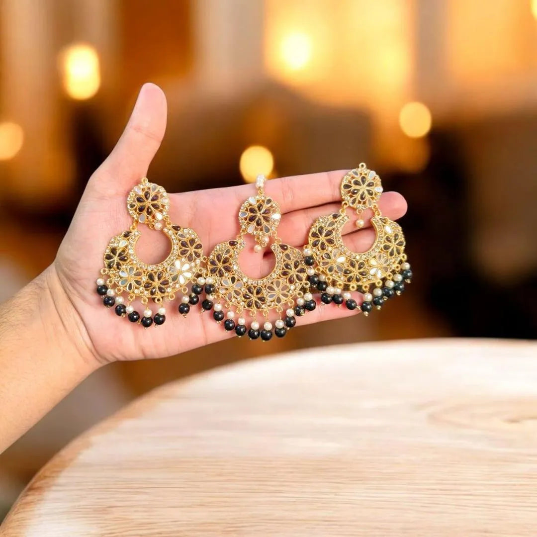 Fancy Gold Plated Crystal Earrings Bindia Set for Pakistani Brides