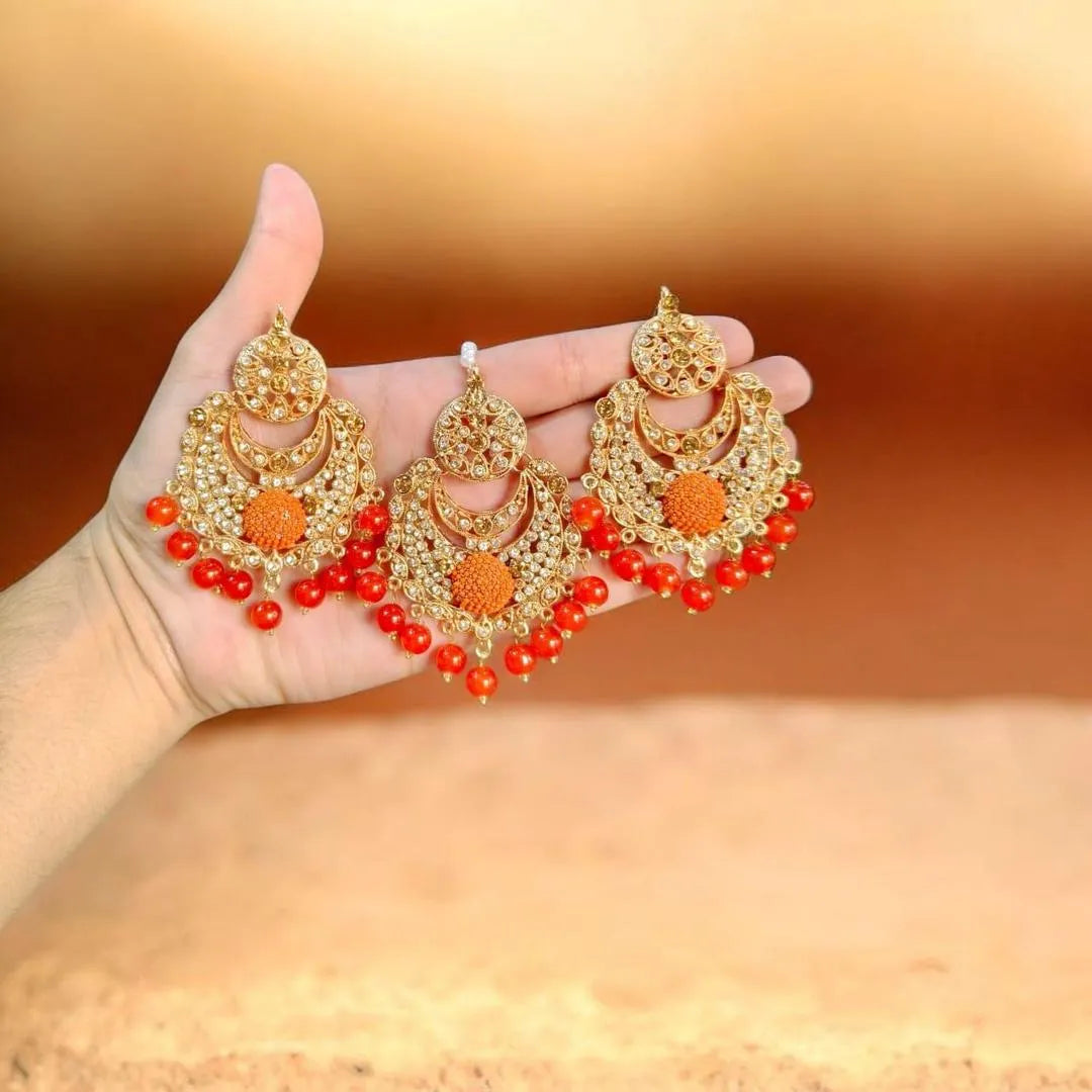 Fancy Gold Plated Crystal Earrings Bindia Set for Pakistani Brides