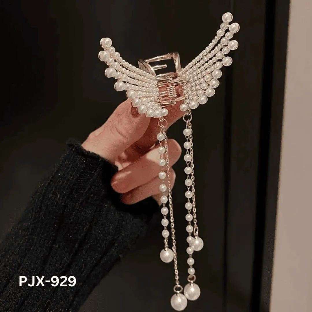 Butterfly Hair Claw with Zircon & Pearl Tassels Silver Gold