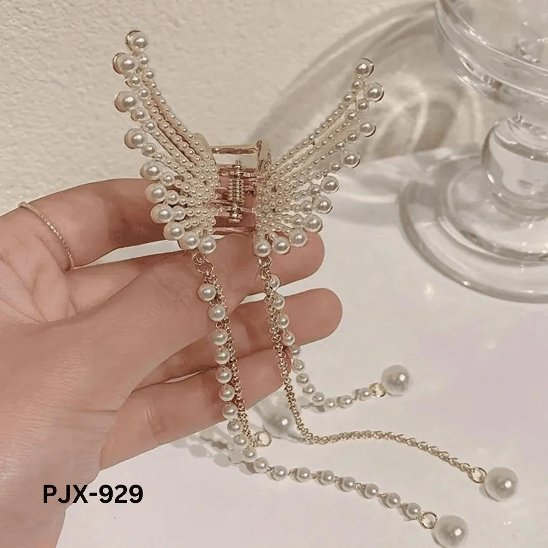 Butterfly Hair Claw with Zircon & Pearl Tassels Silver Gold